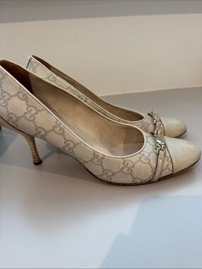 Gucci Cream Monogram Horsebit Mid Heel Pumps
